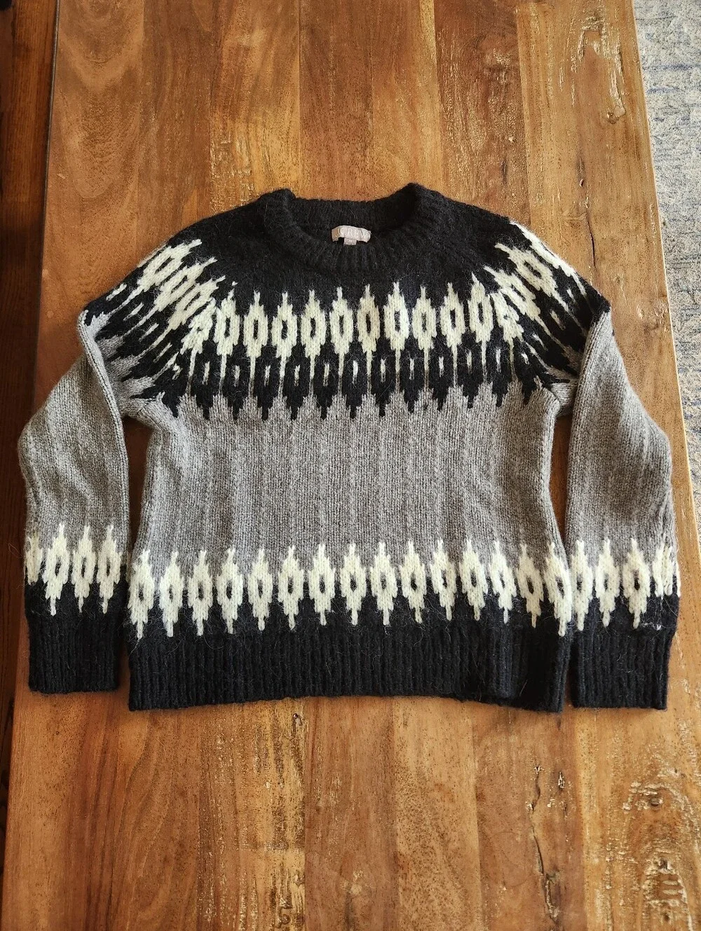 J. Crew Women’s Black, Gray & White Fair Isle Crewneck Wool & Alpaca Sweater XS